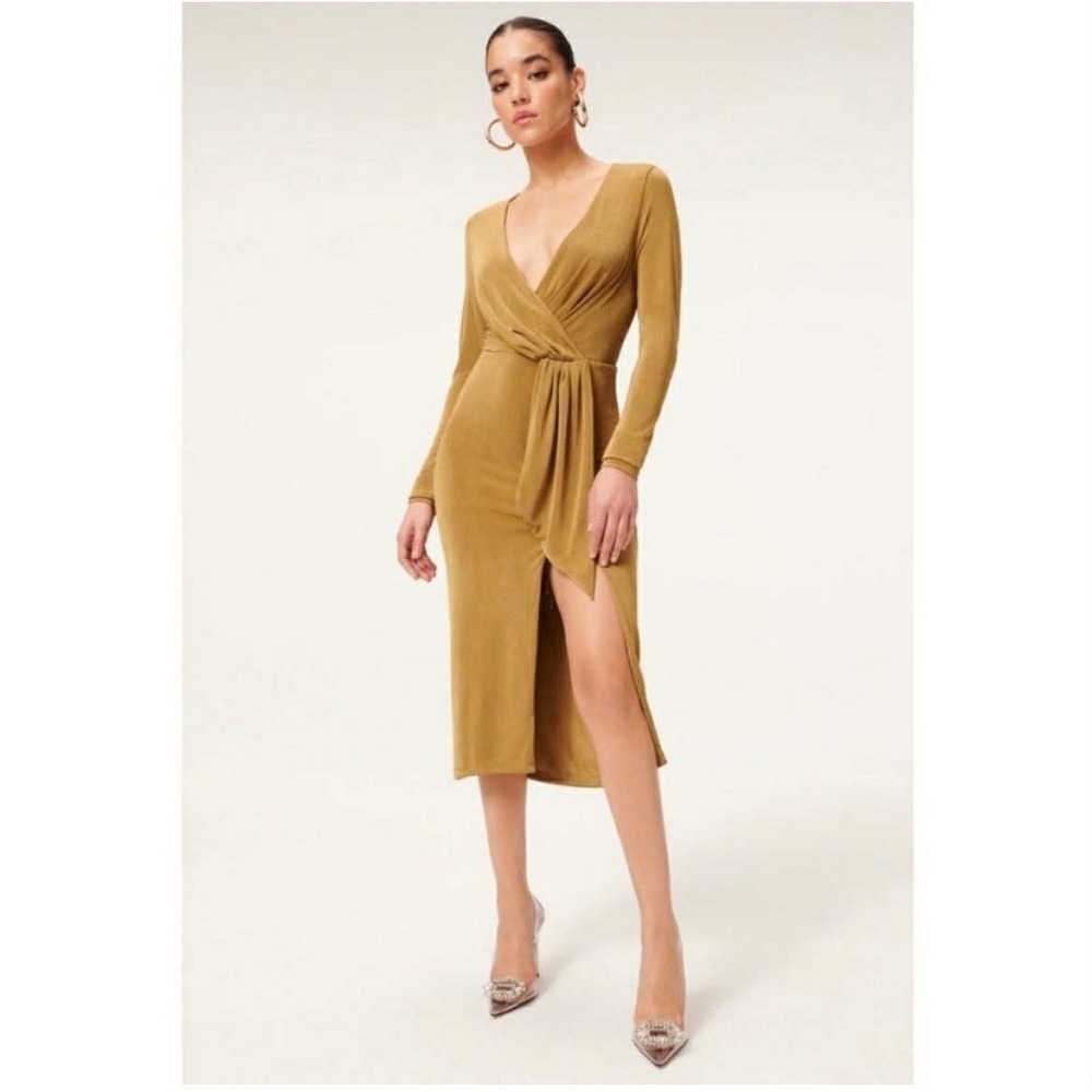 Good American Dress Womens S Gold Long Sleeve Wrap Midi Tie Waist Stretchy NWT